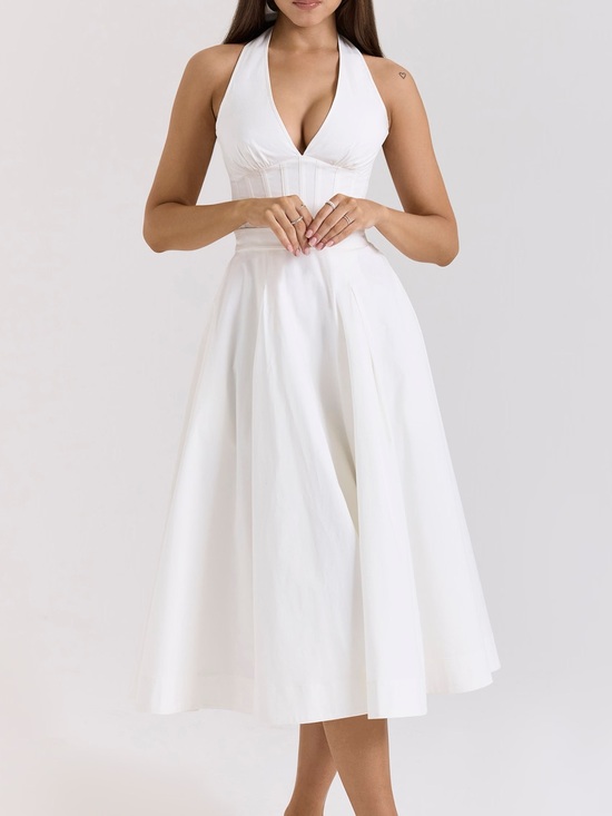 House of CB Dresses & Skirts - HOUSE OF CB 'Allena' White Stretch CottonHalterMidiSundress/Size S-US 4-6/QA7451